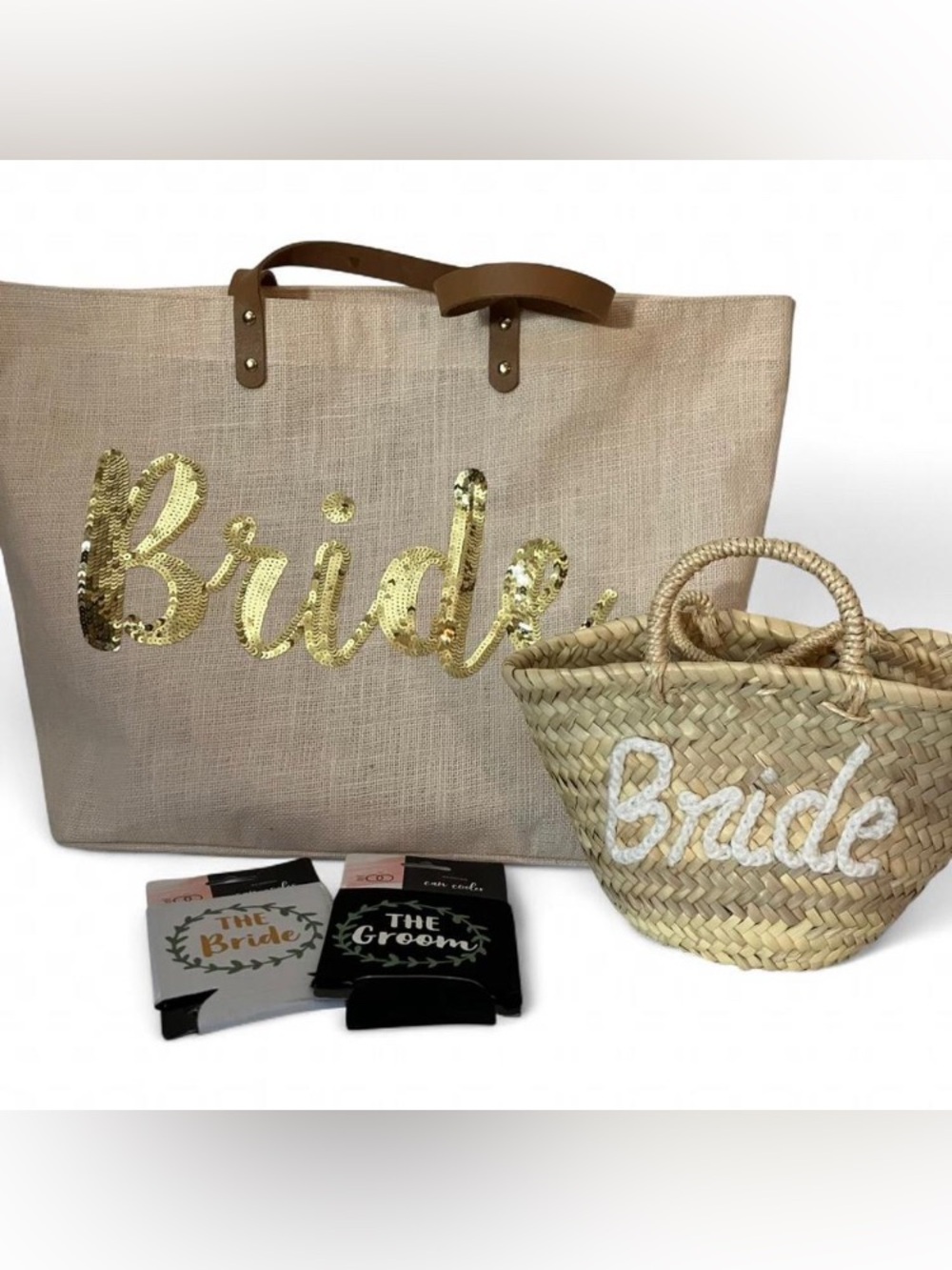 Mud Pie Bride Sequin Tote & Woven Rattan Bride Bag Bundle
